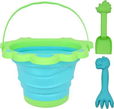 Produktbild von ProBeach Faltbarer Sandeimer „Dinosaurier“ mit Schaufel & Harke – Grün, , robust, ideal für Strand & Sandkasten
