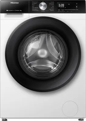 A front view of a white Hisense washing machine with a black door rim and control panel.