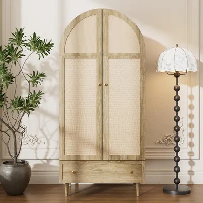 A wardrobe with a arched top and cane doors, next to a potted plant and a floor lamp.