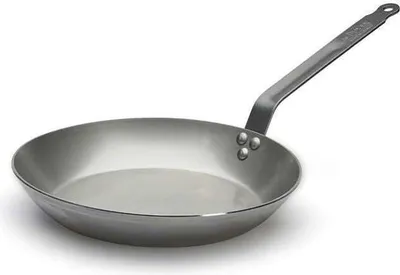 A single, empty metal frying pan with a long handle is shown against a white background.