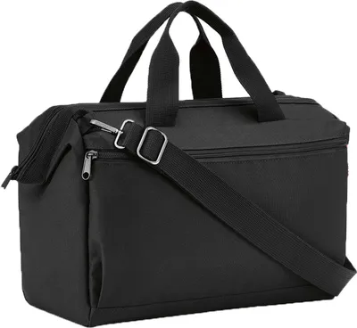 A black duffel bag with a shoulder strap and handles, shown from a side-diagonal angle.