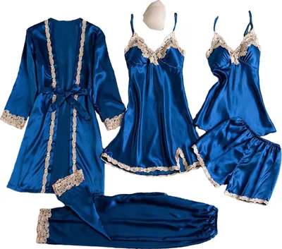 Produktbild von 5-teiliges Pyjama-Set für Damen, Nachthemd, Oberteil, Shorts, Hosen, seidig, Satin, Spitze, Patchwork, lockere Schnürung, Taille, dünnes Damen-Homewear-Set, Nachtwäsche-Set