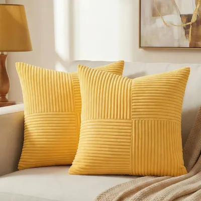 Produktbild von Set mit 2 hellgelben Cord-Kissenbezügen, 65 x 65 cm, weich, moderne Dekokissenbezüge, Sofakissen, Boho-Herbstdekoration für Sofa, Schlafzimmer, Wohnzimmer, Bett