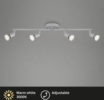 A white LED track light fixture with four adjustable spotlights mounted on a white ceiling against a light gray background.