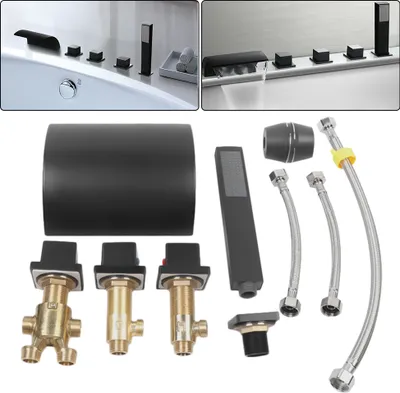 A collage of images showing a bathtub faucet set and its components.
