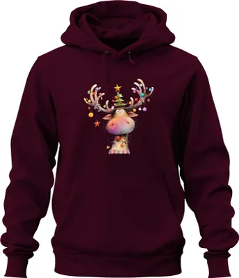 Produktbild von Weihnachts Rentier Geweih Christbaum Kugeln Stern niedlich lustig Uni Hoodie Kapuzenpullover, Burgundy, L
