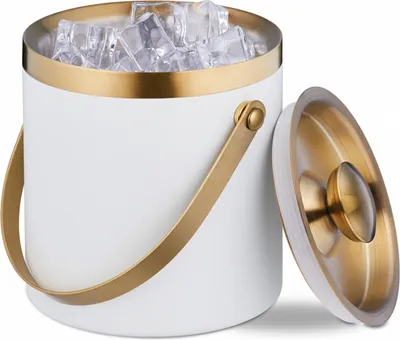 Produktbild von Relaxdays Eiswürfelbehälter, Edelstahl, doppelwandig, Eiseimer mit Deckel & Henkel, 1,5 Liter, Eiswürfelkübel, weiß/gold