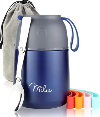 Produktbild von Milu® Thermobehälter für Essen 450ml, Edelstahl Warmhaltebehälter mit Löffel, Thermobecher Essen, Thermo Lunchbox für Kinder, Erwachsene, Navyblau