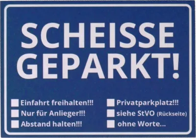 A blue sign with white text and checkboxes.