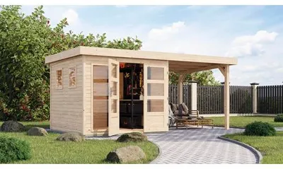 Produktbild von Gartenhaus Karibu Laharo 3,5 inkl. Anbaudach 2,4 m 491 x 262 cm natur