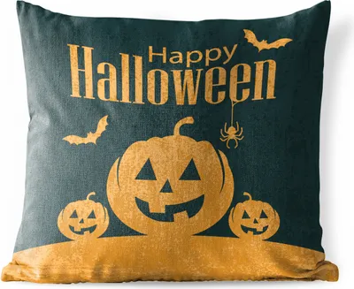 Produktbild von MuchoWow® Outdoor Kissen - Happy Halloween umgeben von Fledermäusen und Kürbissen in einer Illustration - 50x50 cm - Wetterfest - Lounge Kissen - Komfortabel - Kissen mit Bild
