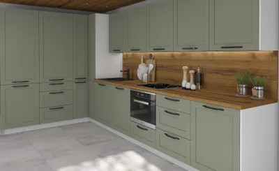 Produktbild von L-Form Küchenzeile OSLO Einbauküche 212x392cm weiß Fronten MDF reed green matt HETTICH Vollauszug