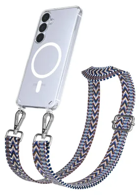 Produktbild von EAZY CASE - Handykette mit MagSafe Hülle für Samsung Galaxy S25, Handyband ZigZag Style,Karabiner Silber, Umhängeband in Blau