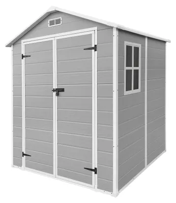 Produktbild von ECD Germany Gartenhaus wetterfest 5m³ Kunststoff Gerätehaus mit Doppeltüren Boden & Satteldach 151x182x220cm Hellgrau Geräteschuppen Gartenschuppen