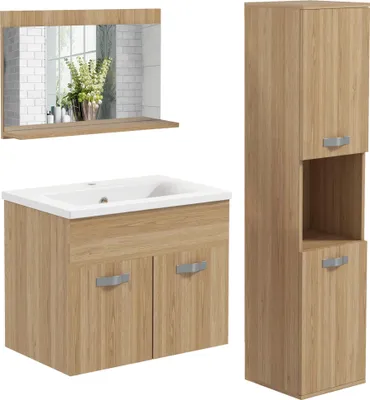 Image de kleankin Ensemble de meubles de salle de bain 3 pcs armoire miroir + meuble sous lavabo suspendu avec bassin en céramique + meuble colonne avec étagères réglables naturel