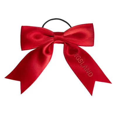 A red satin bow with a black elastic band.