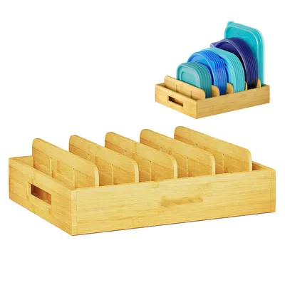 Produktbild von Bambus Topfdeckelhalter mit 5 verstellbaren Trennwänden und Schwammtropfgestell, Küchen Organizer für Deckel, Bad, Zimmer, 33 x 26 x 6,5 cm