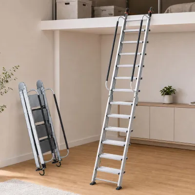 Imagen del producto de Escalera retráctil para ático, con barandilla y ganchos, para alturas de techo de 3 a 3,2 metros