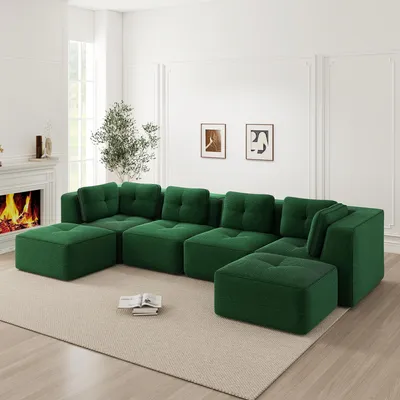 Produktbild von Cordstoff-U-förmiges Modulsofa mit Ottoman, rahmenlos, Tiefensitz, 386 x 177 x 69 cm, Grün
