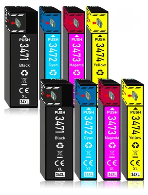 A collection of printer ink cartridges arranged in two rows.