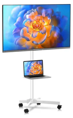 Zdjęcie produktu dla Stojak TV na kółkach, przeznaczony do telewizorów o przekątnej 21-60 cali i wadze do 35 kg, z regulacją wysokości, kolor biały