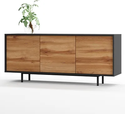 A modern sideboard with a wood-look front and dark frame, displayed on a white background.