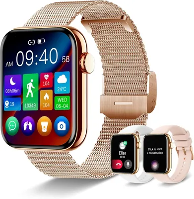 Produktbild von Elegante Damen Smartwatch 1.85" mit Telefonfunktion, Fitness-Tracker, Gesundheitsüberwachung, Bluetooth Anrufe, 3 Armbänder