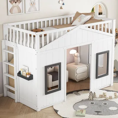 Produktbild von MODFU Hochbett,Kinderbett,90x200cm,Hausbett Design,mit Treppe&Fallschutz&Gitter&Fenster,ohne Matratze,Weiß