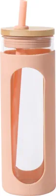 Produktbild von 600ml Glasbecher, mit Bambusdeckel und Strohhalm, auslaufsichere Glasflasche, mit Silikonschutzhülle, ohne BPA.
