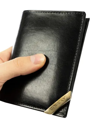 Imagen del producto de Billetera de cuero natural para hombre, marca Rovicky, color marrón, con protección RFID, dimensiones 12x9 cm