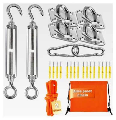 Produktbild von M6 Sonnensegel Befestigungsset aus 304 Edelstahl - 43-teiliges Set für quadratische/dreieckige Sonnensegel im Garten, inklusive Spanner, Halterungen und Montagezubehör, rostfreies Spannsystem