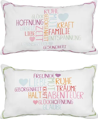 Imagen del producto de GILDE, cojín rectangular, con la inscripción "Palabras clave", frase, hecho de poliéster, color crema, multicolor, 2 unidades como se muestra en la imagen, dimensiones: 50 cm de ancho x 30 cm de alto, código: 47414