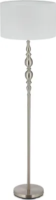 Zdjęcie produktu dla Lampa stojąca Relaxdays do salonu, E27, z przewodem, abażur materiałowy Ø 43 cm, lampa stojąca w stylu vintage o wysokości 155 cm, biało-srebrna