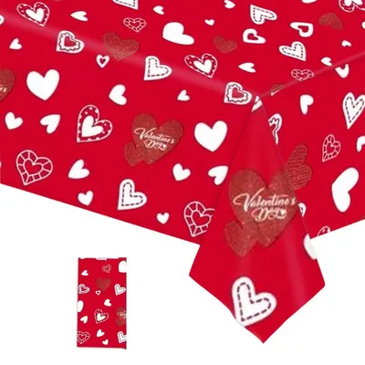 Immagine prodotto di Tovaglia in plastica, 137x274 cm, colore rosso, motivo a cuore, lavabile, rettangolare, protezione antimacchia