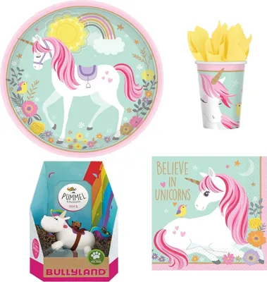 Produktbild von Magical Unicorn Einhorn Partyset + Torten Deko Pummeleinhorn Riding 16 Personen