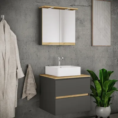 Produktbild von VCM 3-tlg. Waschtisch Set mit Keramikbecken, Badschrank mit 2 Softclose-Schubladen, Spiegelschrank mit Beleuchtung und Steckdose, Maße Unterschrank H. 51 x B. 60 x T. 51 cm, Cosila-A