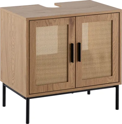 Zdjęcie produktu dla Szafka podumywalkowa  o wyglądzie dębu 60x60x40 cm z drzwiami, szafka łazienkowa ze splotem rattanowym, szafka stojąca, szafka łazienkowa szafka midi mała umywalka | Wohnling
