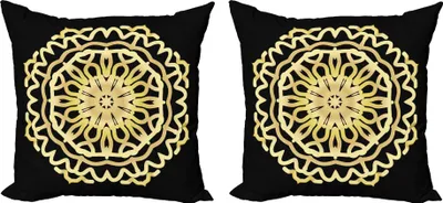 Obrázok produktu pre ABAKUHAUS Orientálna sada obliečok na vankúš (2 ks), etnické umenie Kvetinová moderná zjednodušená mandala na čiernom pozadí, 40 x 40 cm, čierna žltá