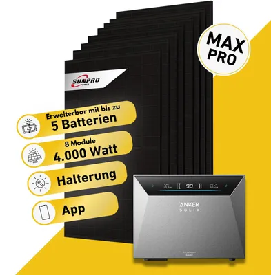 Produktbild von Balkonstrom Balkonkraftwerk 4000W Solaranlage mit Speicher | Blechdachhalterung | 8x Solarmodul Bifazial | Anker Solix 4 Pro | Kabel 3m