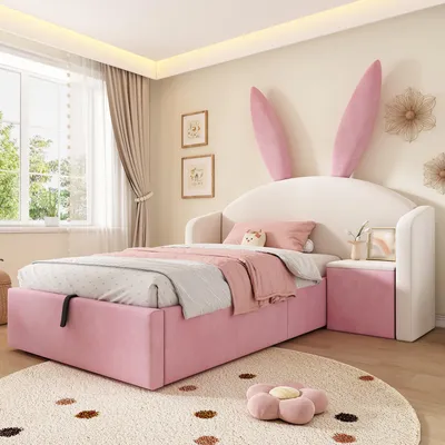 Produktbild von Polsterbett 90x190 cm Kinderbett mit Hasenohren Kopfteil & Nachttisch Jugendbett mit Stauraum Hydraulisch Geräuschlos Stabil Ohne Matratze Beige & Rosa