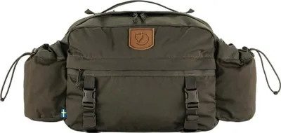A dark olive green Fjällräven hip pack is shown against a white background.