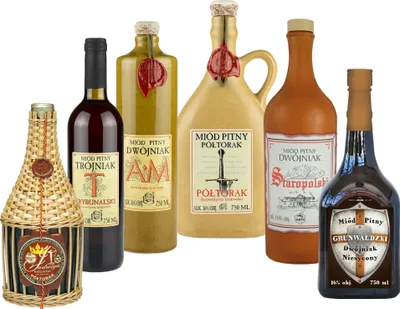 Produktbild von Setz von 6 Mets (Honigwein 2x Półtorak-Eineinhalber/ 3x Dwójniak-Halber / Trójniak-Drittel) | 4500ml | 13-16% Alkohol Metwein | Polnische Produktion