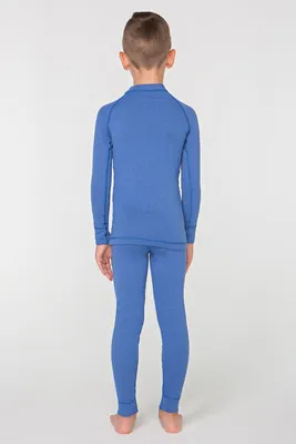 A young boy wearing a blue thermal underwear set, viewed from the back.