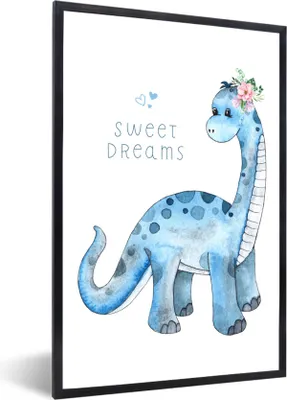 Produktbild von MuchoWow® Gerahmtes Poster Kinderzimmer - Dinosaurier - Blau - Jungen - Mädchen - Kinder 40x60 cm - Poster mit Schwarzem Bilderrahmen Wandposter Rahmen Foto Bilder - Papierdruck - Wandbilder