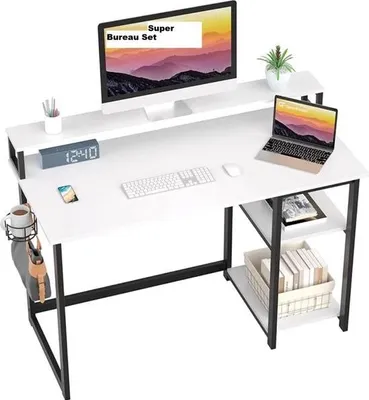 Produktbild von Schreibtisch mit Monitorständer, höhenverstellbar, Computertisch mit Aufbewahrungstasche, PC-Tisch mit Kopfhörerhalter, kleiner Bürotisch fürs Homeoffice (100 x 50 x 74 cm, weiß)