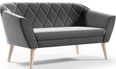 GUTTO Sofa 2 Seater Velur-- KARO -- Šedá sametová lavice Vysoké dřevěné nohy Pohovka ve skandinávském stylu - krásné, moderní prošívání