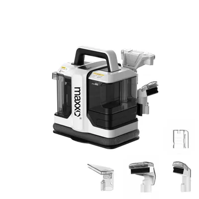A product shot of a carpet cleaner with several attachments shown separately.