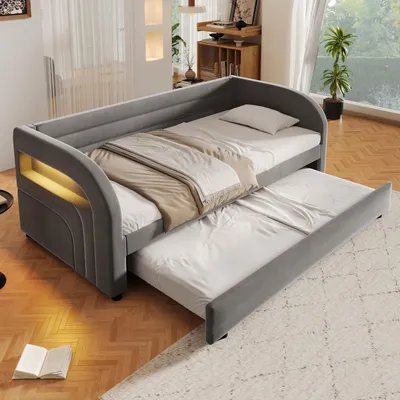 Produktbild von 90x200 gepolstertes Plattformbett mit Praktisches Ausziehbett & LED-Beleuchtung,Grau