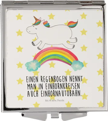 Produktbild von Mr. & Mrs. Panda Schminkspiegel klein Einhorn Regenbogen - Weiß - Geschenk, Unicorn, Frauen Spiegel, Glitzer, Mini, Kosmetikspiegel, Einhornpower, Taschenspiegel