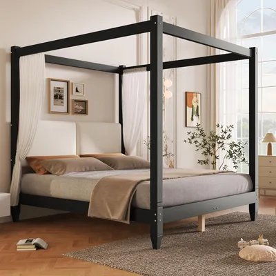 Produktbild von Himmelbett 180 x 200 cm, Doppelbett mit gepolstertem PolyurethanKopfteil, Rahmen aus Kiefernholz und MDF, 190 cm hoch, modernes Design, Schwarz